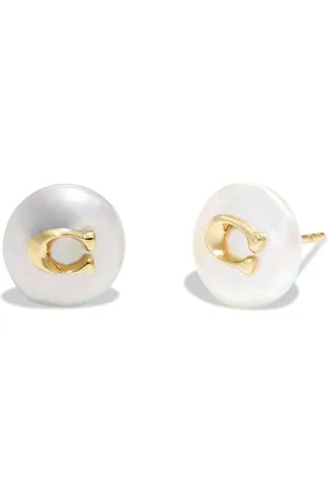 Coach Gold Tone Signature Coin Pearl Stud Earrings one