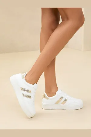 Lipsy London Gold Flat Chunky Flatform Lace Up Stripe Faux Leather Trainers AU 10 (EU 41)