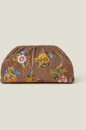 Accessorize Brown Hand Beaded Floral Clutch Bag One