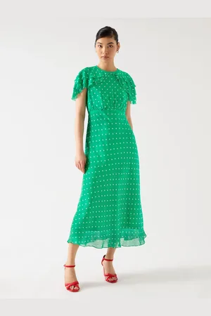 LK Bennett Ellen Jelly Bean & Birch Viscose Polka Dot Print Frill Collar Dress AU 10