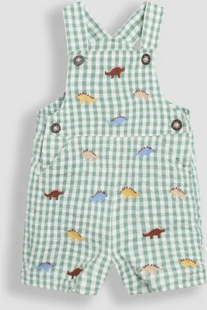 JoJo Maman Bébé Sage Green Dino Embroidered Gingham Dungarees 6