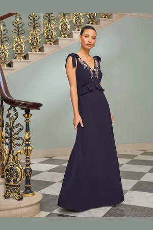 Love & Roses Petite Embroidered Ruffle Tie Detail V-Neck Maxi Dress AU 16