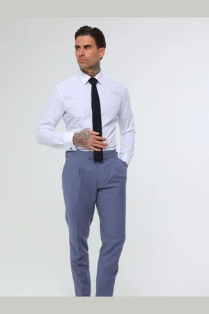 Harry Brown Blue Decorate Cotton Linen Blend Regular Fit Trousers 32W x 33L (UK 32 L)