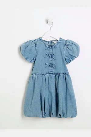 River Island Girls Denim Bow Puff 100% Cotton Sleeve Dress 12