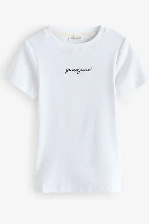 Guess White Slim Fit 100% Cotton Ribbed Logo Cropped Baby T-Shirt M