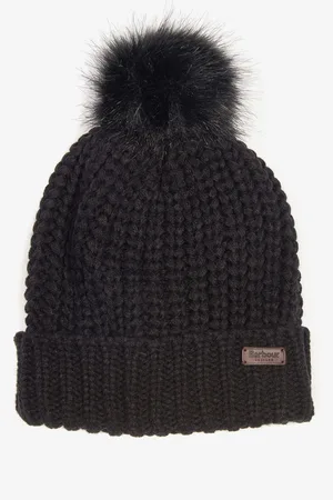 Barbour Black Saltburn Cable Knit Pom Beanie Logo Hat One