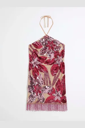 River Island Mini Floral Print Sequin Halter Neck Dress AU 10