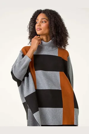 Roman Brown Colour Block Knit Poncho One