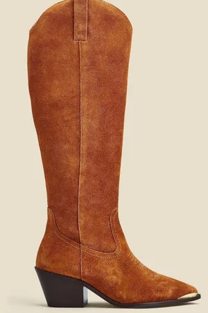 Sosandar Brown Suede Tab Detail Knee High Western Boots With Metal Trim AU 6 (EU 37)