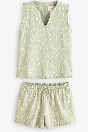 Next Sage Green Spot 100% Cotton Frill Vest Short Set Pyjamas S Reg