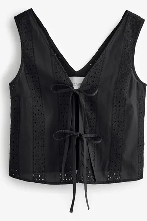 Laura Ashley Black 100% Cotton Beach Tie Front Broderie Vest Top L