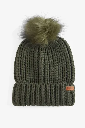 Barbour Olive Green Saltburn Cable Knit Pom Beanie Logo Hat One