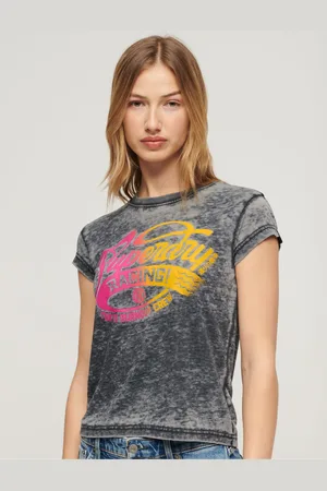 Superdry Grey Fade Rock Graphic Cap Sleeve 100% Cotton T-Shirt AU 6