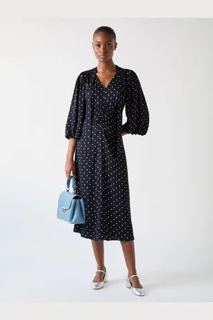 LK Bennett Hester Viscose 40S Spot Tie Neck Gather Front Dress AU 12