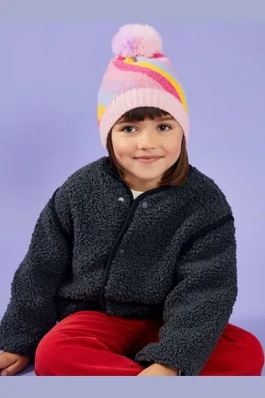 Accessorize Black Girls Stripe Fluffy Winter Pom Beanie Hat 7-12 Yrs