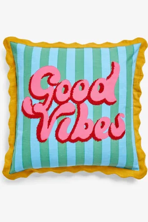 Eleanor Bowmer Blue/Green 100% Cotton Striped Good Vibes Scallop Edge Cushion 45x45cm