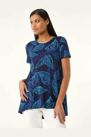 Roman Blue Leaf Print Stretch Tunic Top AU 10