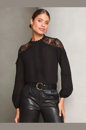 Lipsy London Black Lace Detail High Neck Blouse AU 16