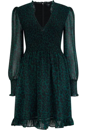 Pour Moi Leopard Print BIzzy Shirred Bodice Long Sleeve Chiffon Dress AU 12