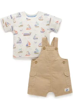 Purebaby Brown Linen Blend Dungaree and T-Shirt Set 6