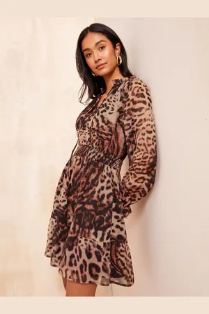 Friends Like These Petite Long Sleeve Open Tie Neck Chiffon Mini Dress AU 10