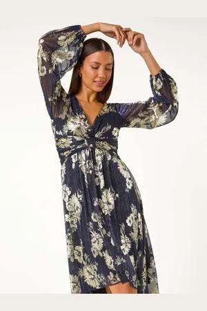 Roman Foil Print Twist Front V-Neck Plisse Dress AU 16