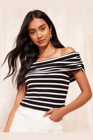 Friends Like These Black/White Stripe Bardot Top AU 16