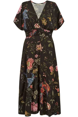 Yumi Viscose Bird and Floral Print Kimono Midi Dress AU 10