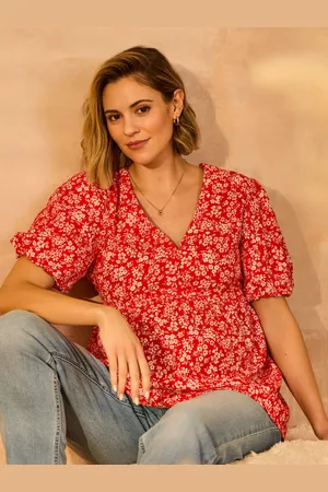 JoJo Maman Bébé Red Maternity Short Sleeve Seersucker 100% Cotton Blouse M