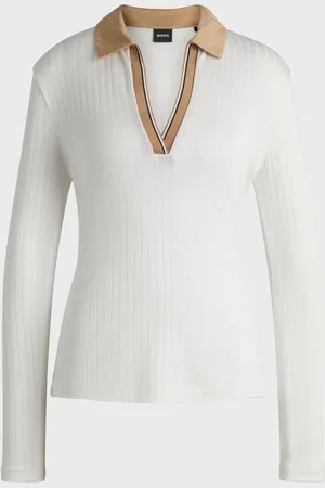 HUGO BOSS White Signature Stripe V-Neck Collared Blouse XL