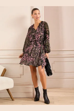 Love & Roses Printed V-Neck Tie Belt Long Sleeve Mini Dress AU 14
