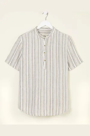 Fat Face FatFace Grandad Short Sleeve Linen Stripe Popover 100% Linen Shirt xlarge