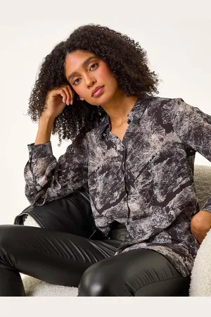 Roman Black Abstract Print Buttoned Blouse AU 14