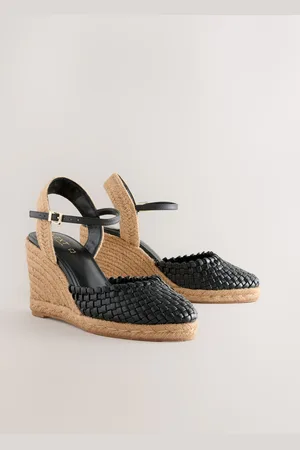 Next Black Forever Comfort Leather Round Toe Weave Detail Espadrilles Wedges eu36uk35