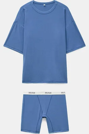 Hush Puppies Blue Ribbed Viscose Boxer Short Pyjamas Set XS Reg