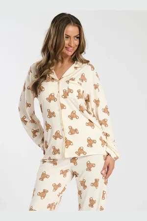 Loungeable Cream Teddy Bear Button Shirt And Long Pant Pyjama Set L