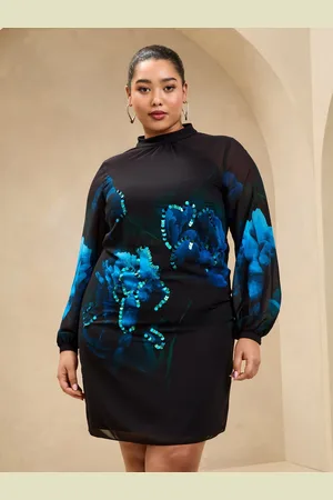 Lipsy London Curve Sequin Floral Printed Long Sleeve Shift Mini Dress AU 18