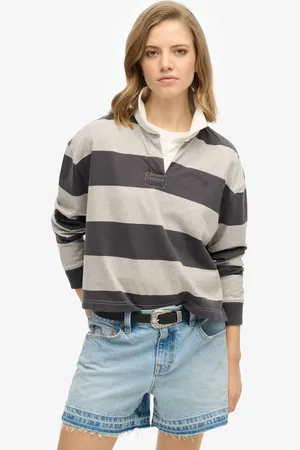 Superdry Grey Ath Essential Stripe 100% Cotton Rugby T-Shirt AU 14