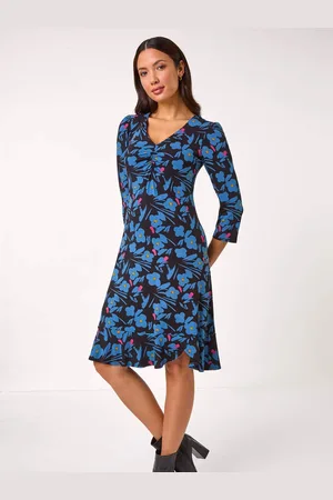 Roman Floral Print V-Neck Ruched Dress AU 16