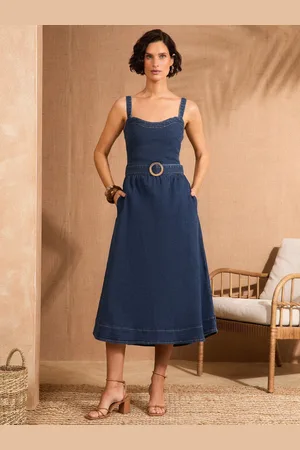 Love & Roses Strappy Fit and Flared Denim Belted Midi Dress AU 12