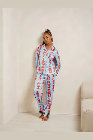 Chelsea Peers Blue Satin Lobster Print Long Pyjamas Set AU 16