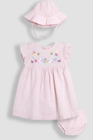 JoJo Maman Bébé Pink Bunny Embroidered 3-Piece Frill Shoulder Baby Dress, Knicker & Hat Set 12