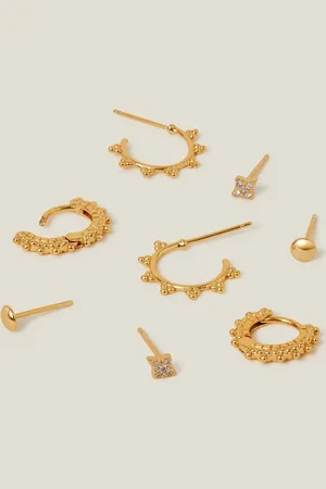 Accessorize Gold Tone 14ct Stud and Bobble Hoop Earrings 4 Pack One