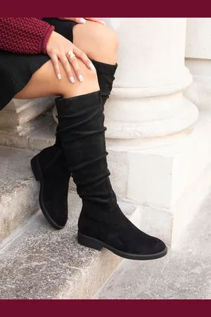 Linzi Black Liana High Leg Faux Suede Flat Ruched Boots AU 8 (EU 39)
