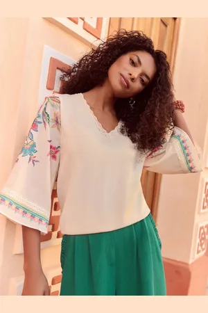 Love & Roses Ivory Kimono Floral Woven Sleeve Knit Jumper AU 16