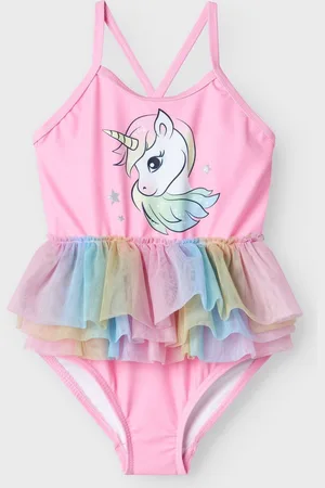 NAME IT Pink Unicorn Swimsuit With Rainbow Ruffle Skirt Detail 98104cm
