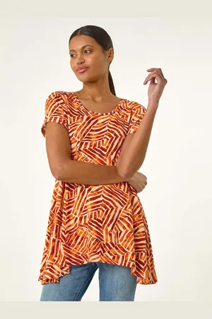 Roman Orange Leaf Print Hanky Hem Tunic Top AU 14