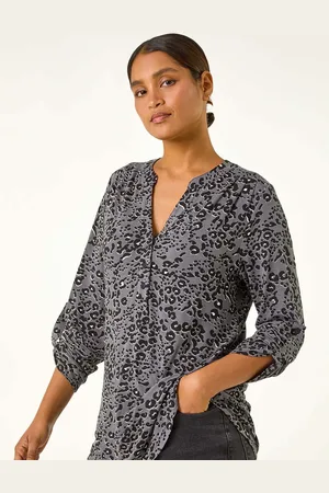 Roman Grey Animal Print Stretch Blouse AU 10
