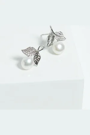 Jon Richard Silver Tone Leaf Cubic Zirconia And Pearl Earrings One