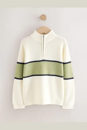 Next Ecru/Green Colourblock Zip Neck Knitted Jumper (3-16yrs) 7 Years (122cm)
